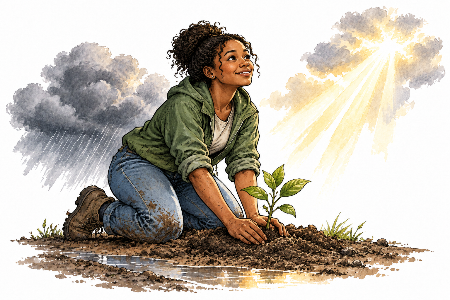 A young Black woman plants a hopeful seedling after a storm, sunlight breaks through clouds and she smiles toward future growth.