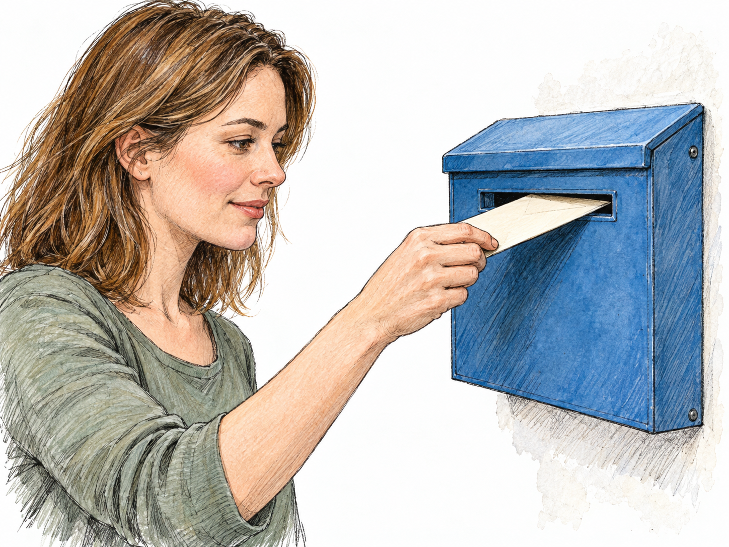 A woman pushes a plain envelope halfway into the narrow slot of a simple mailbox, clearly showing one object entering another.