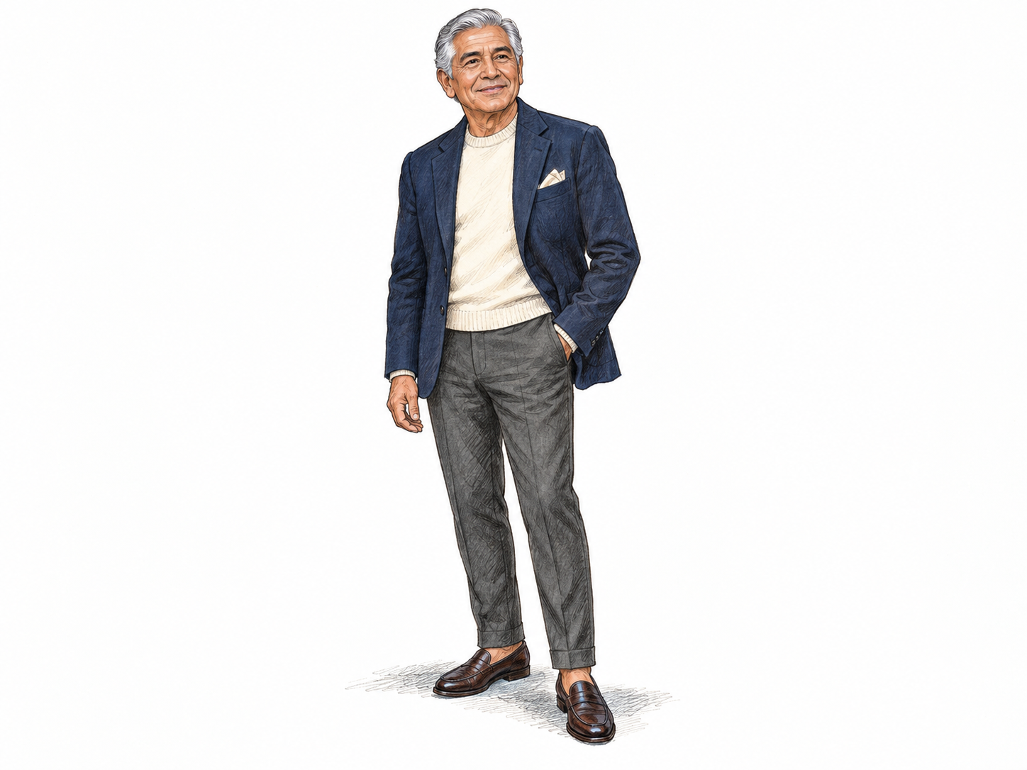 An older man models an understated, impeccably coordinated contemporary outfit: a softly tailored navy jacket, fine cream knit, tapered trousers, polished loafers, and a neatly folded pocket square.