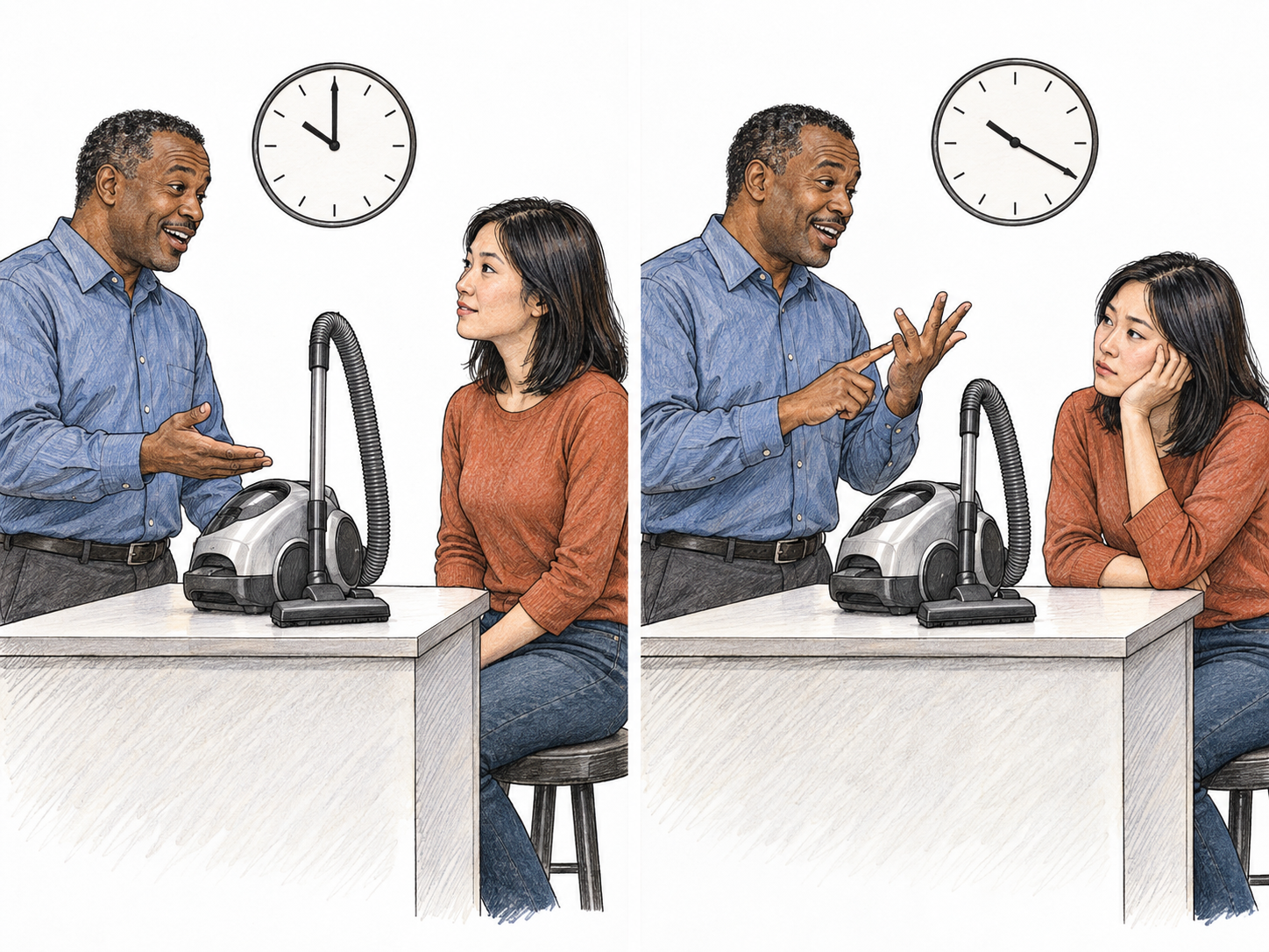 An extended sales spiel shown as two consecutive moments of the same countertop pitch: the salesman continues his polished explanation while the customer's attentive posture gives way to weary impatience.