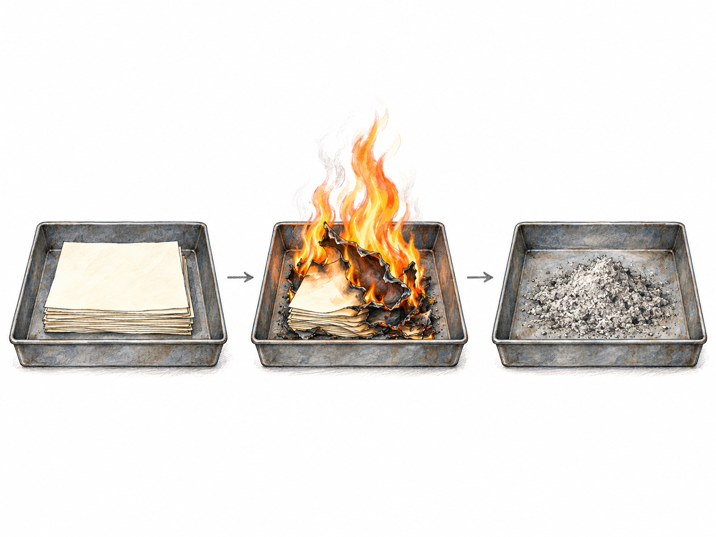 A clear three-stage sequence shows plain paper in a shallow fireproof tray, the same paper being consumed by flames, and finally only fine gray ash in the tray, making complete destruction by burning visible.