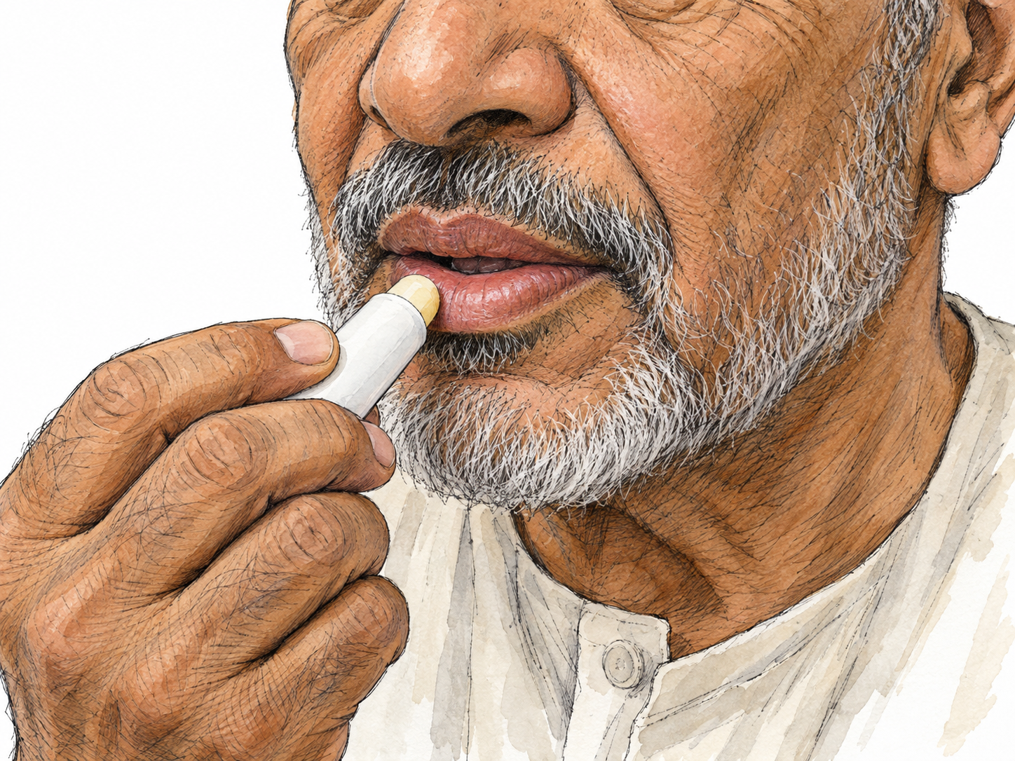 A close-up of an older man's lower face as he applies a plain lip-balm stick directly to his lower lip, making the lips and their care the unmistakable focus.
