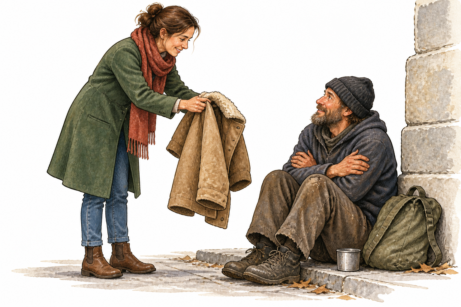 A generous woman offers her warm spare coat to an adult shivering outside, respectful interaction and clear practical help.