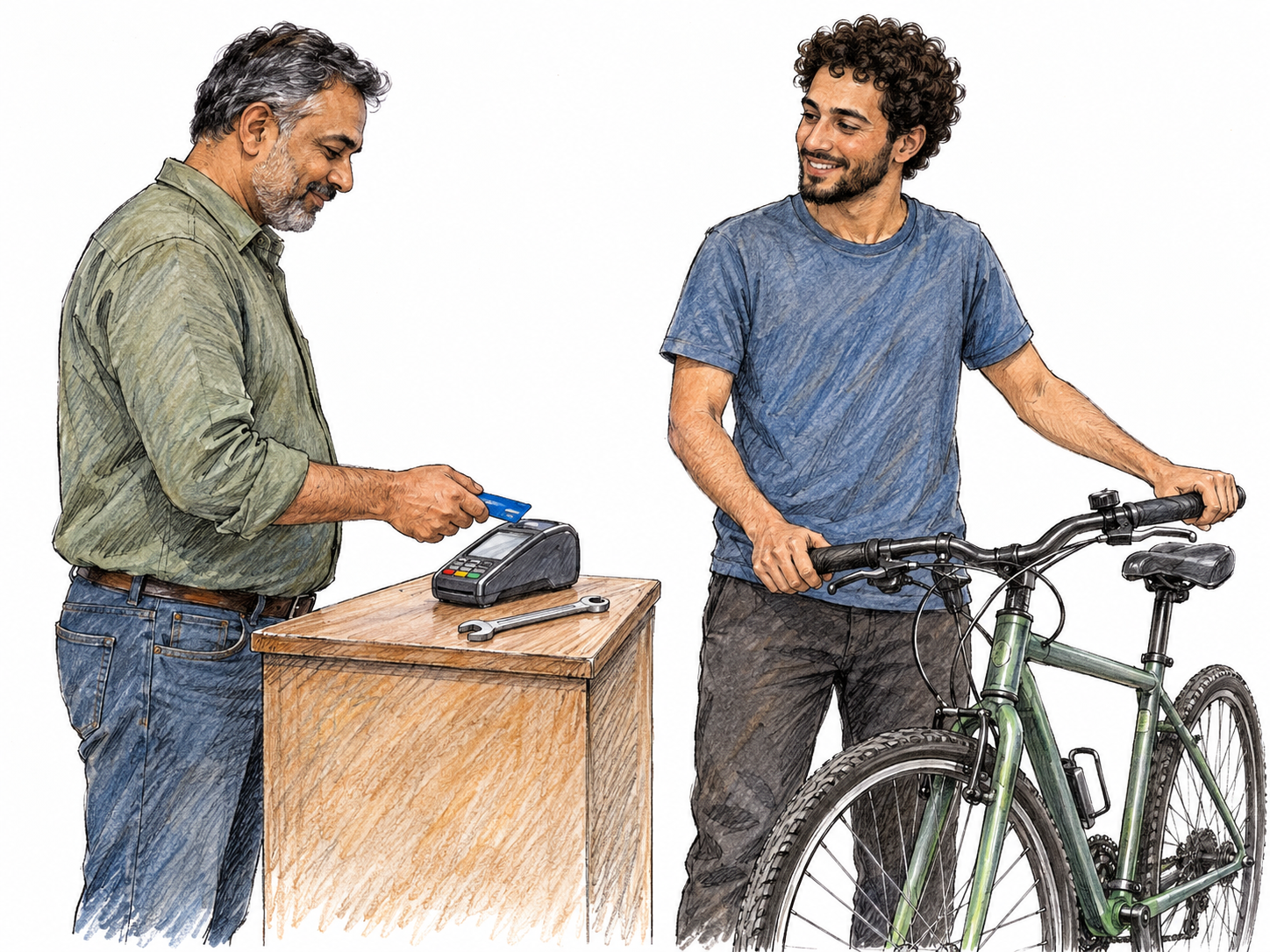 A man helps cover another man's bicycle-repair cost by paying at a card terminal while the bicycle owner stands beside his repaired bicycle.
