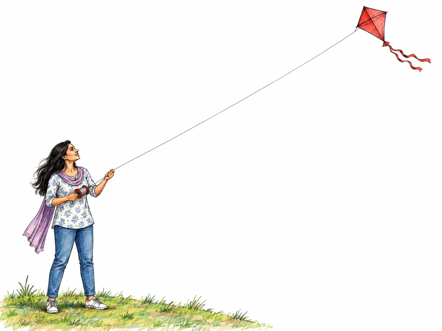 A bright kite held aloft by the wind, visibly high above a woman holding its taut string far below.