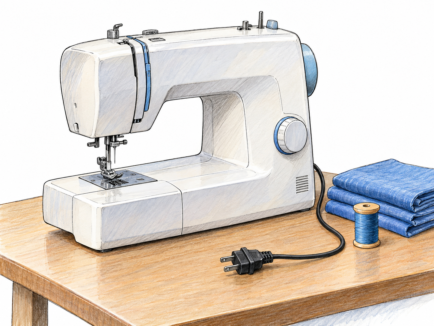 An intact electric sewing machine sits unused on a small worktable, with its power plug visibly disconnected and no fabric under the stationary needle.