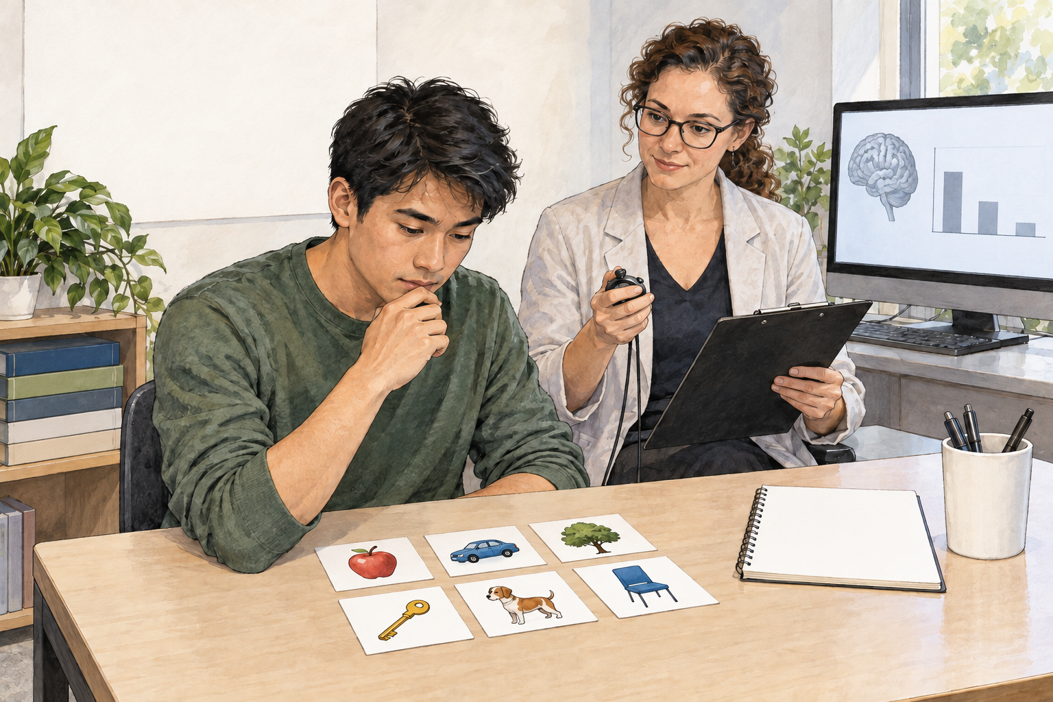 Research psychologist observes volunteer performing a simple memory task, stopwatch and anonymous data chart.