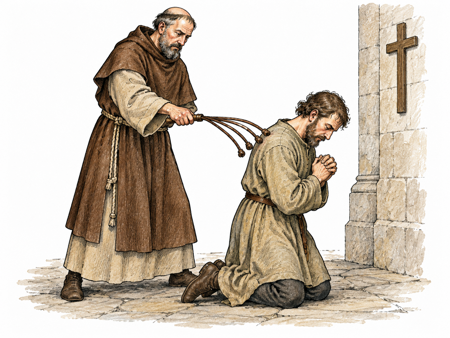 Sober documentary medieval ritual discipline scene: fully clothed adult penitent kneels while a fully clothed adult attendant holds a small scourge against the penitent's clothed shoulder, no blood, injury, nudity or erotic framing.