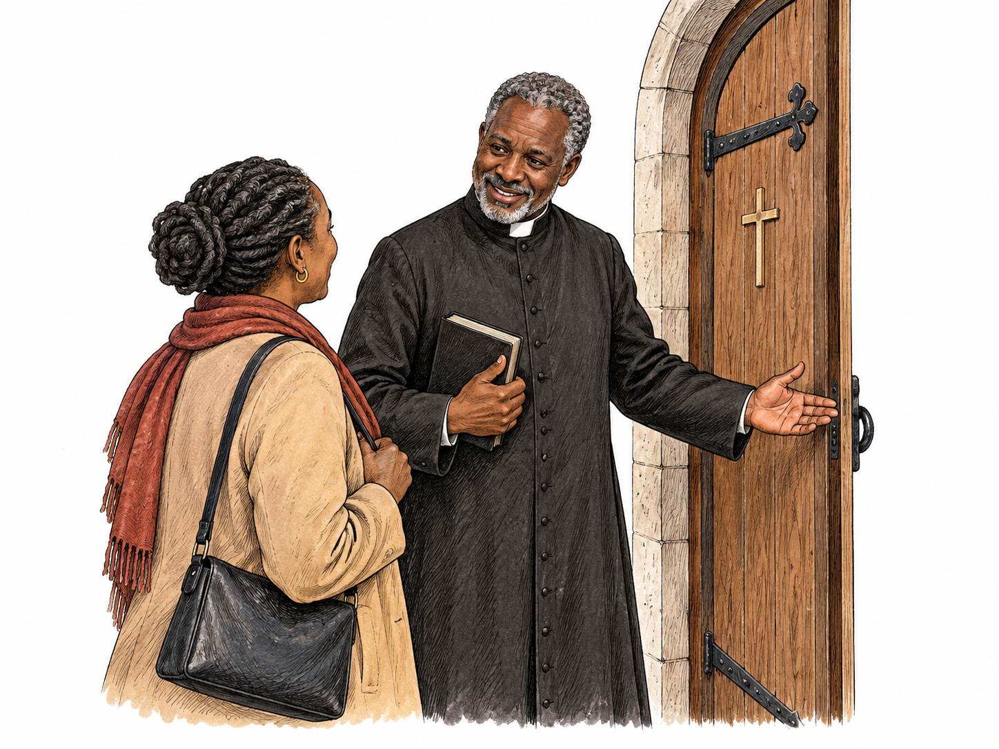Parish rector welcomes parishioner at small church doorway fragment while holding plain prayer book; small cross on door identifies clergy role, no signage or elaborate nave.