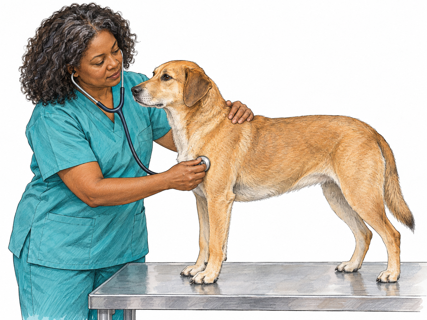 A veterinarian listens to a dog's chest with a stethoscope on an examination table, making animal medical care immediately visible.