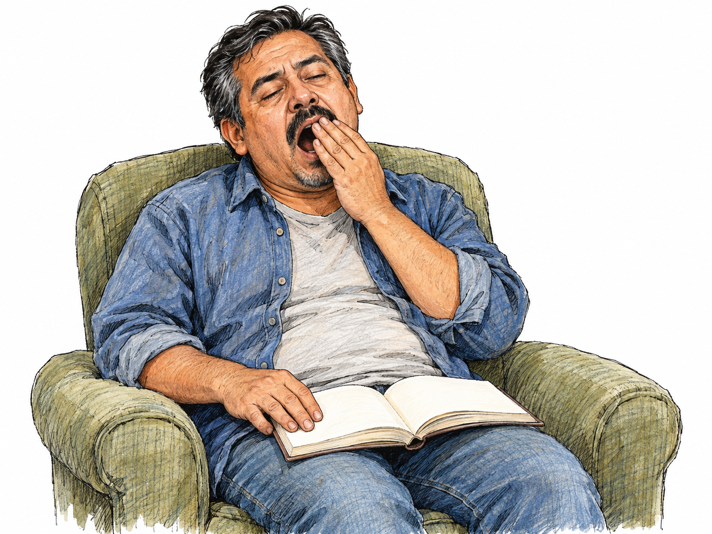 A sleepy man slumps comfortably in an armchair, eyelids nearly closed and head drooping, with one hand raised to cover a yawn and an open book resting loosely in his lap.