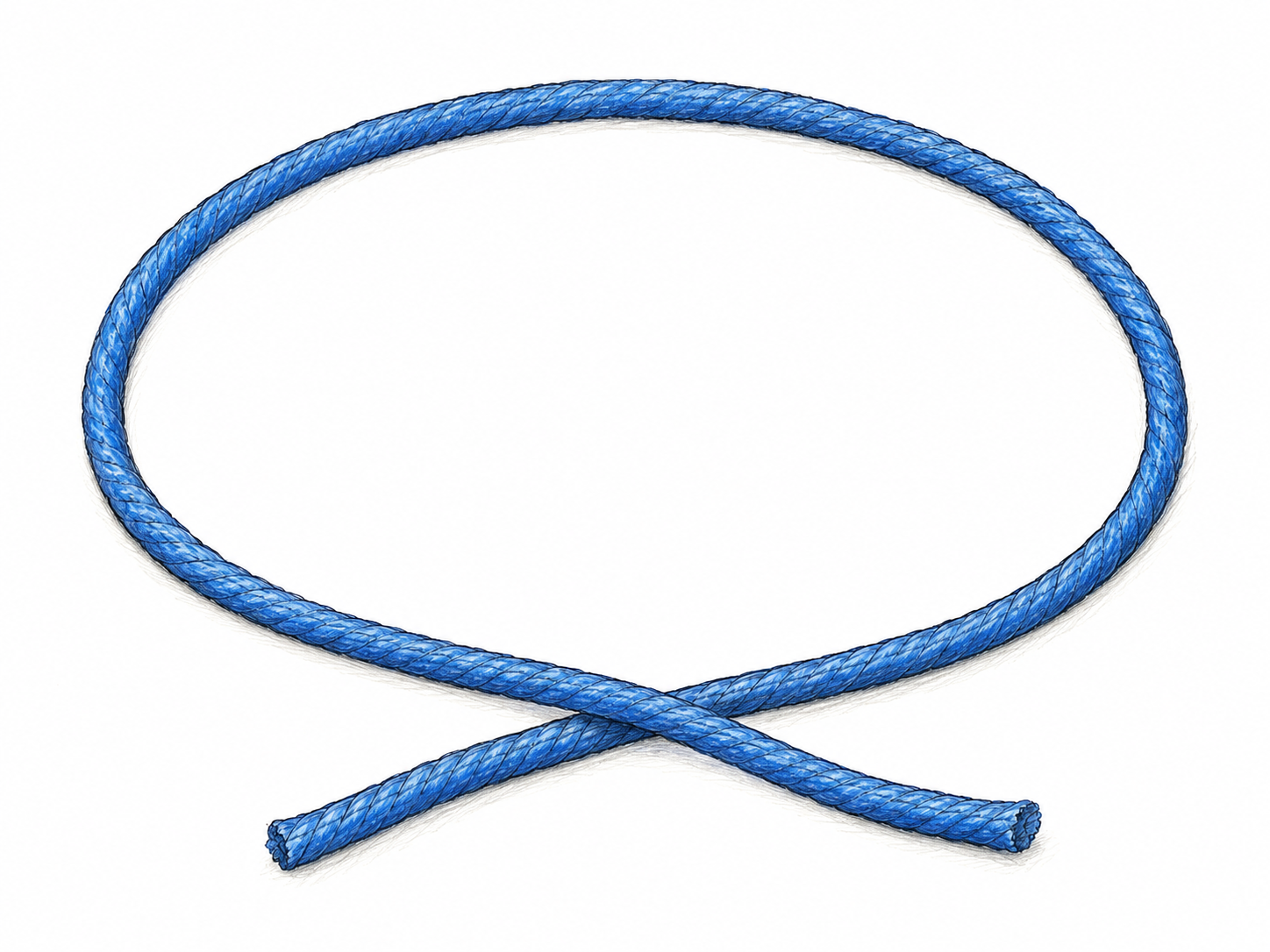 A single length of blue cord laid on white ground, curving around into one broad oval loop and crossing itself once, with two short loose ends.