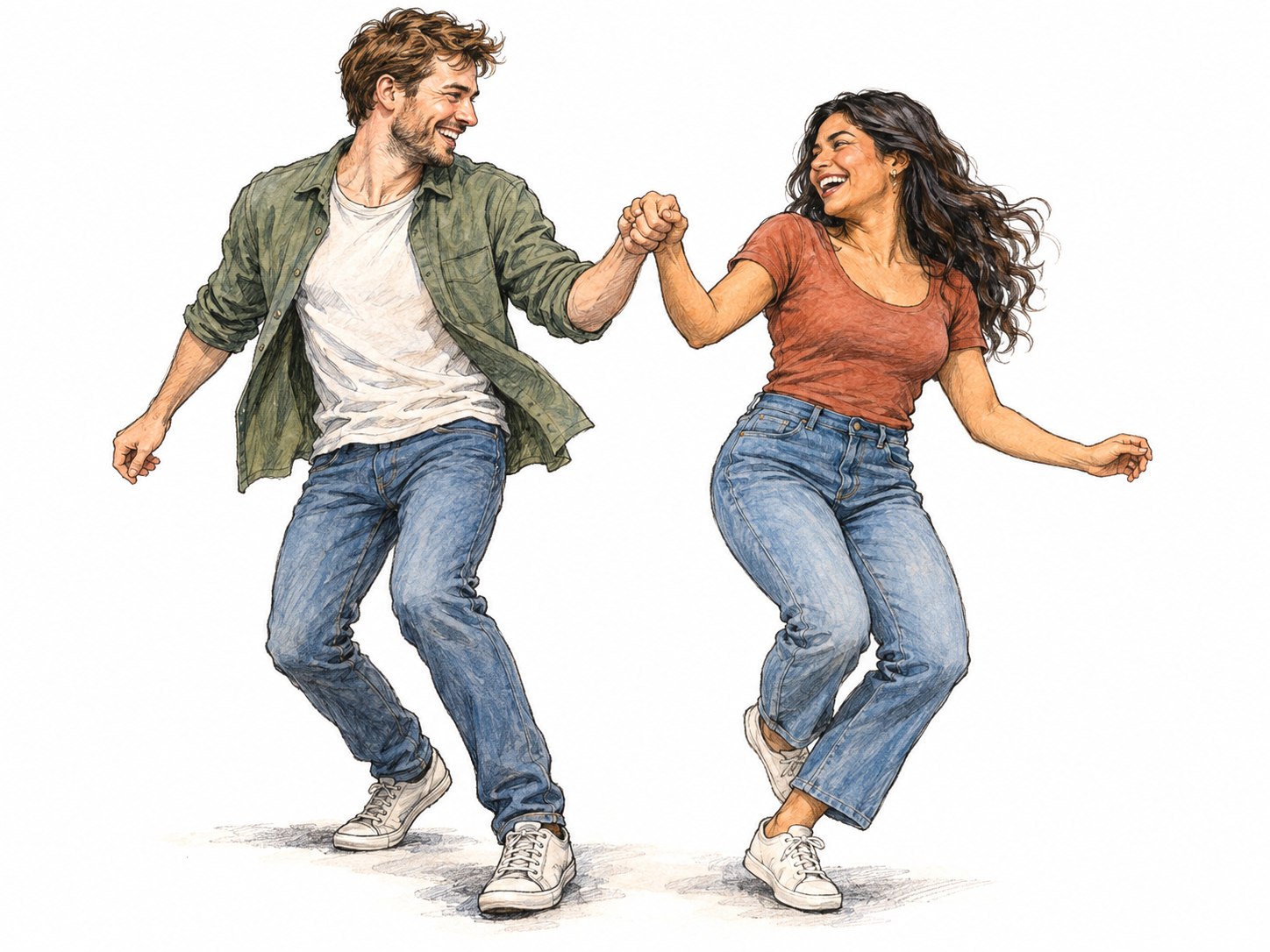 Two young adults share an exuberantly happy moment, laughing openly and dancing hand in hand.