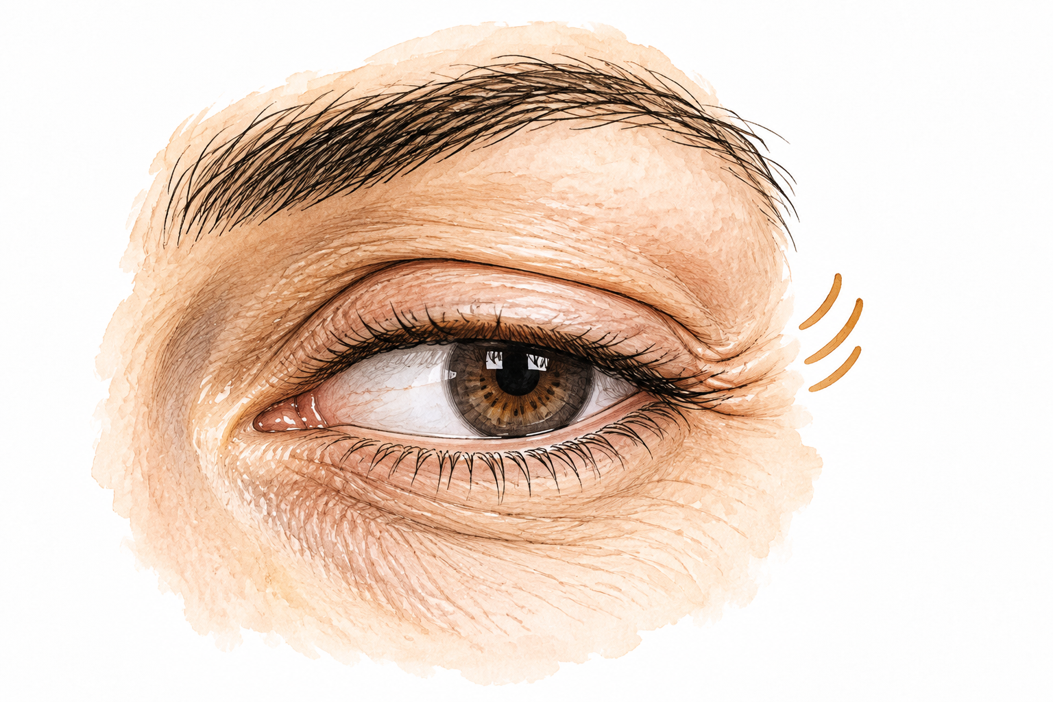 Close-up human eye with a tiny involuntary eyelid twitch shown by subtle motion marks, no writing.