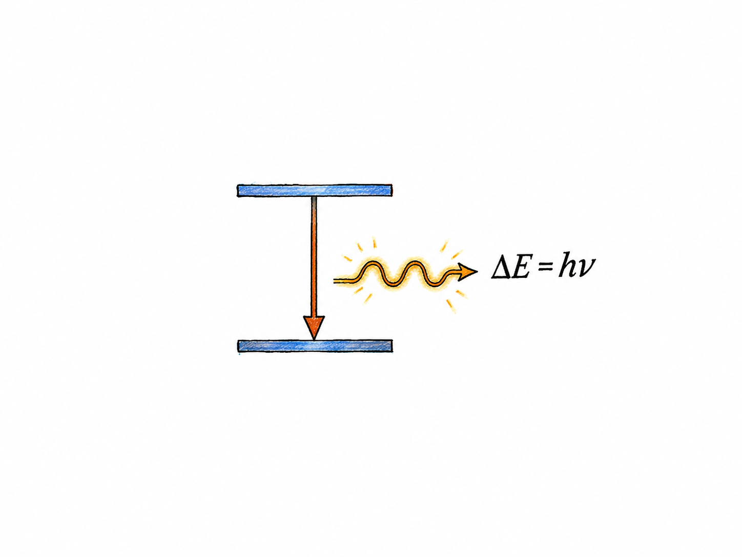 A small hand-drawn energy-transition vignette on white: TWO short horizontal energy levels, upper above lower; ONE downward arrow connects them, releasing ONE short golden wavy photon symbol to the right.