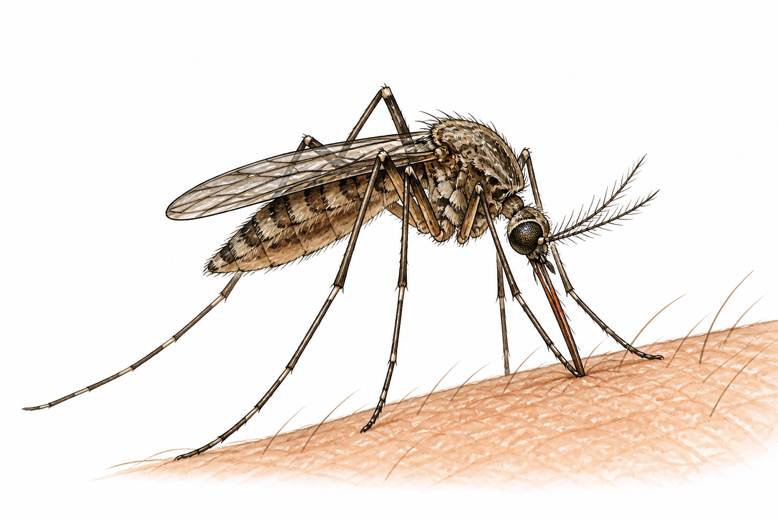 A realistic female mosquito in macro side profile on skin, slim body six legs slender proboscis, no blood.