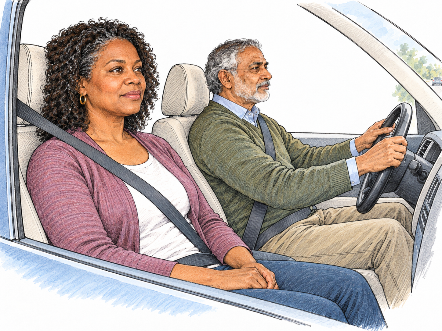 A seat-belted woman rides in the front passenger seat of a car, hands resting in her lap, while a clearly separate driver holds the steering wheel.