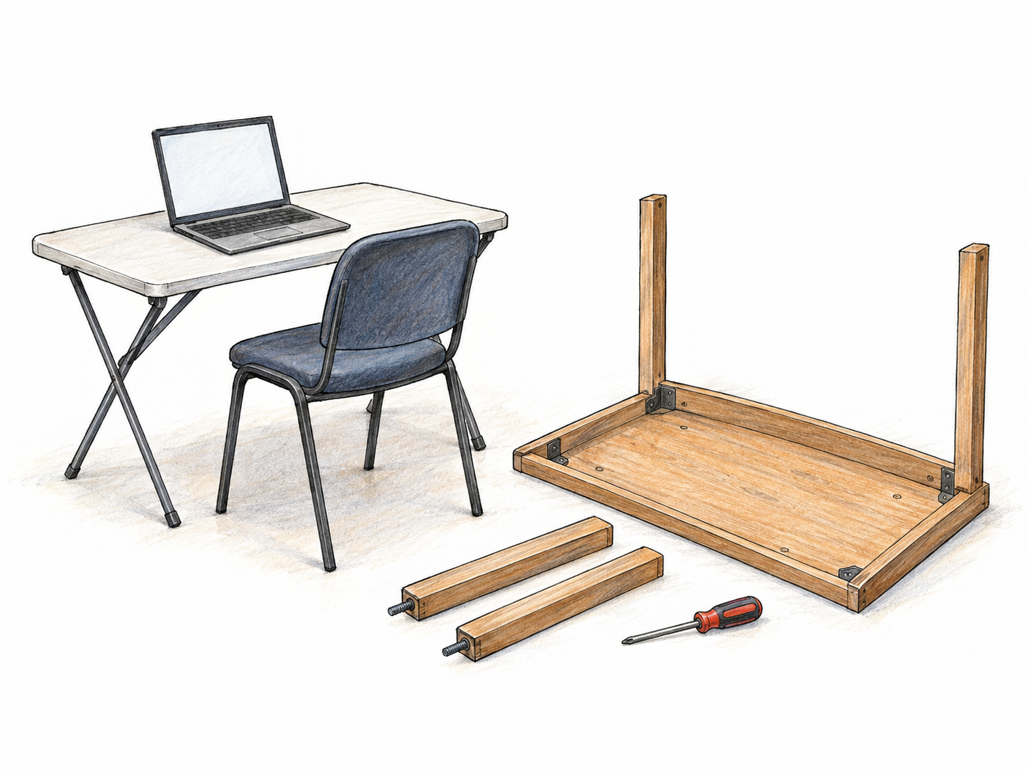 A folding table serves as an interim workspace while a permanent wooden desk beside it remains partly assembled.
