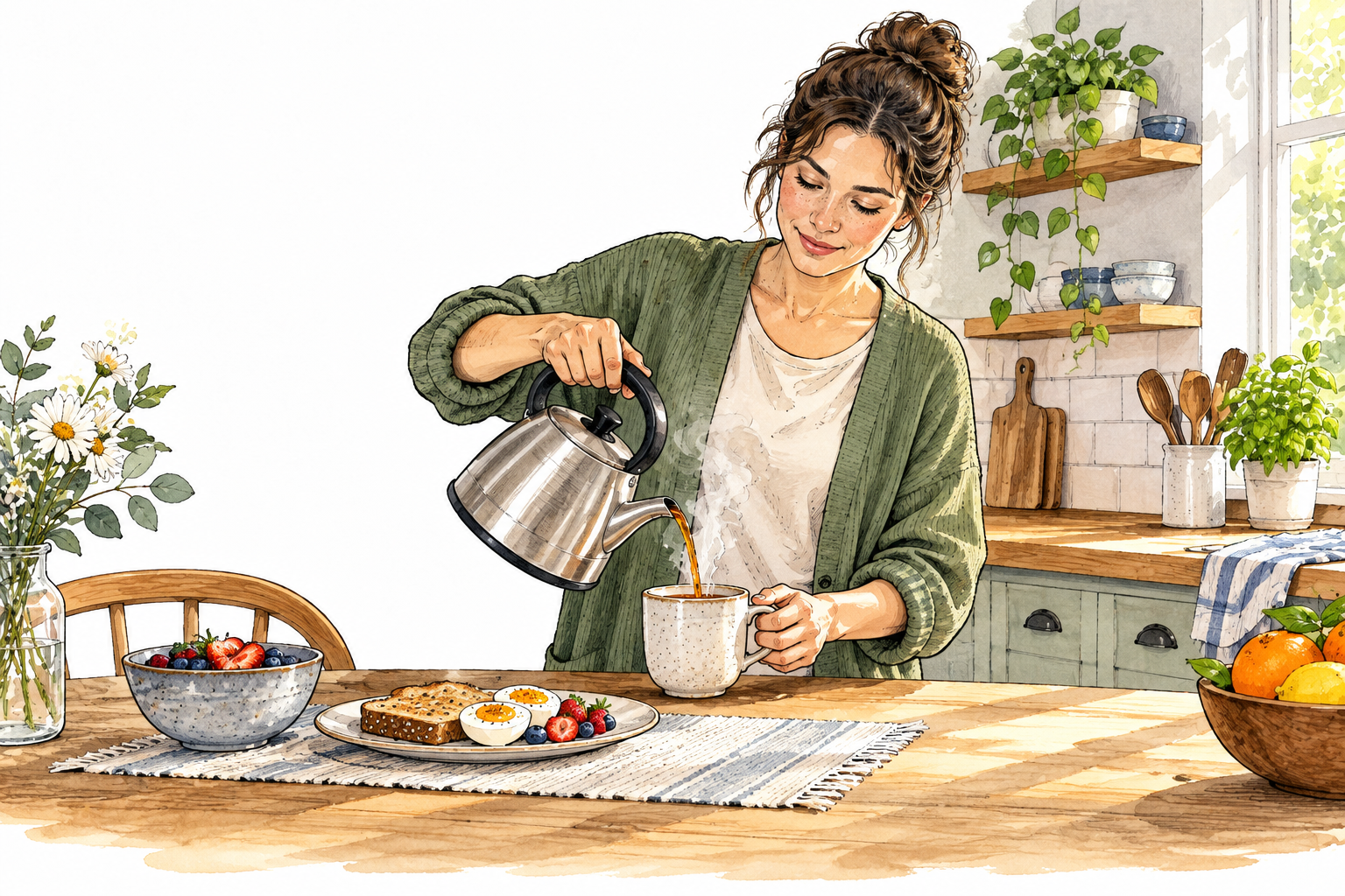 A person follows a familiar morning routine pouring tea beside breakfast in a tidy kitchen.