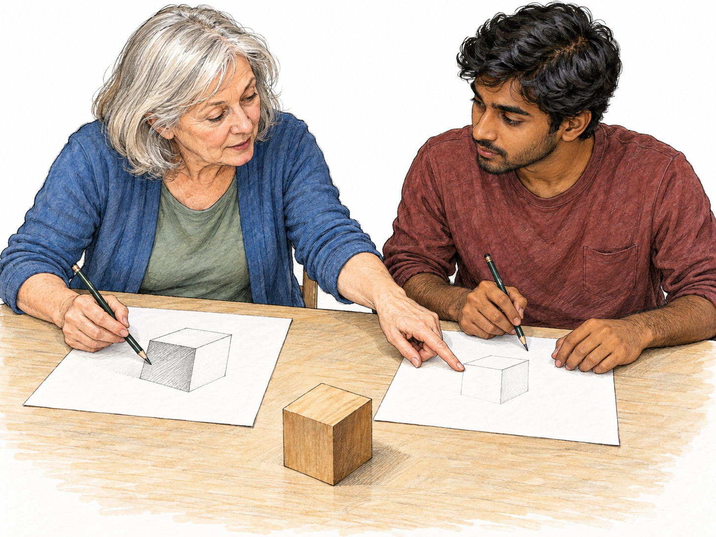 An older drawing instructor demonstrates how to draw a wooden cube while a young adult learner copies the steps.