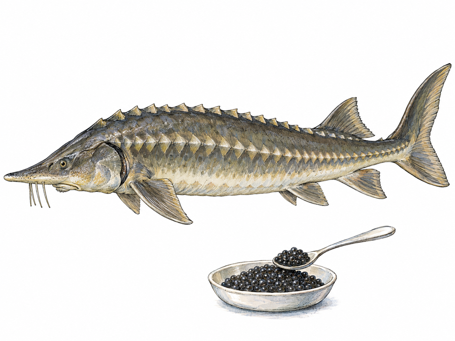 A large, anatomically recognizable sturgeon in side profile, paired with a small open dish of glossy caviar as a secondary cue to the use of its eggs.