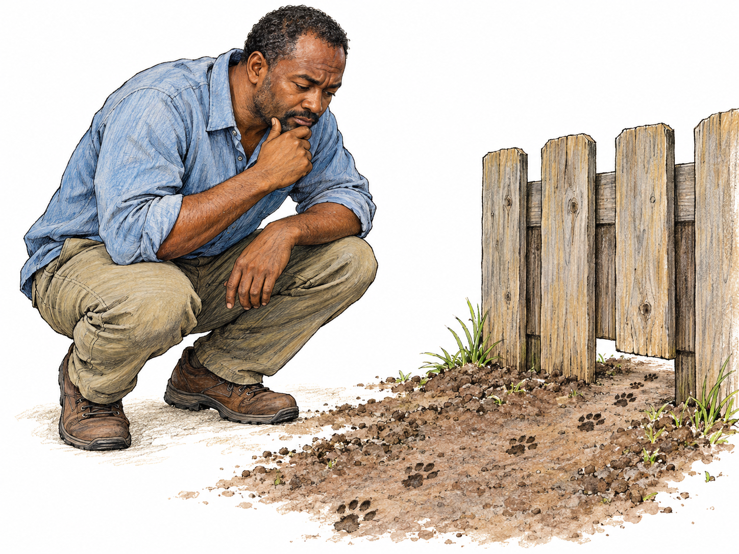 A man pauses over unfamiliar tracks in damp garden soil, thoughtfully studying where they lead beneath a fence.