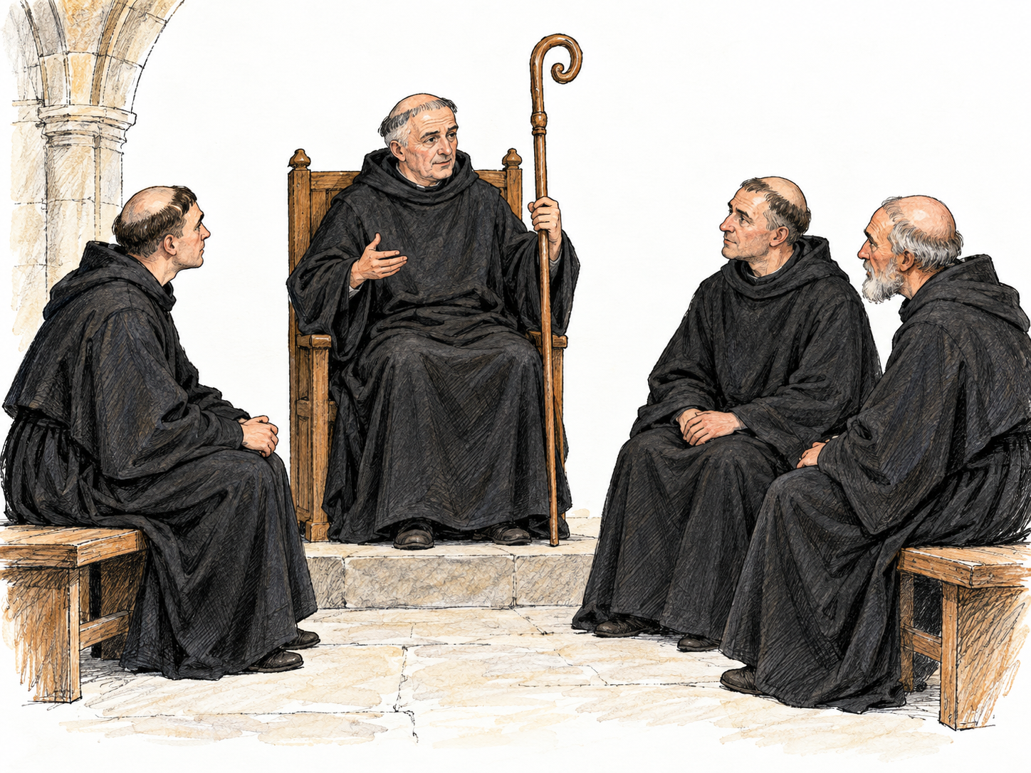 A medieval Benedictine abbot presides from the central chair in a monastery chapter house, holding his crozier while three fellow monks sit facing him attentively.