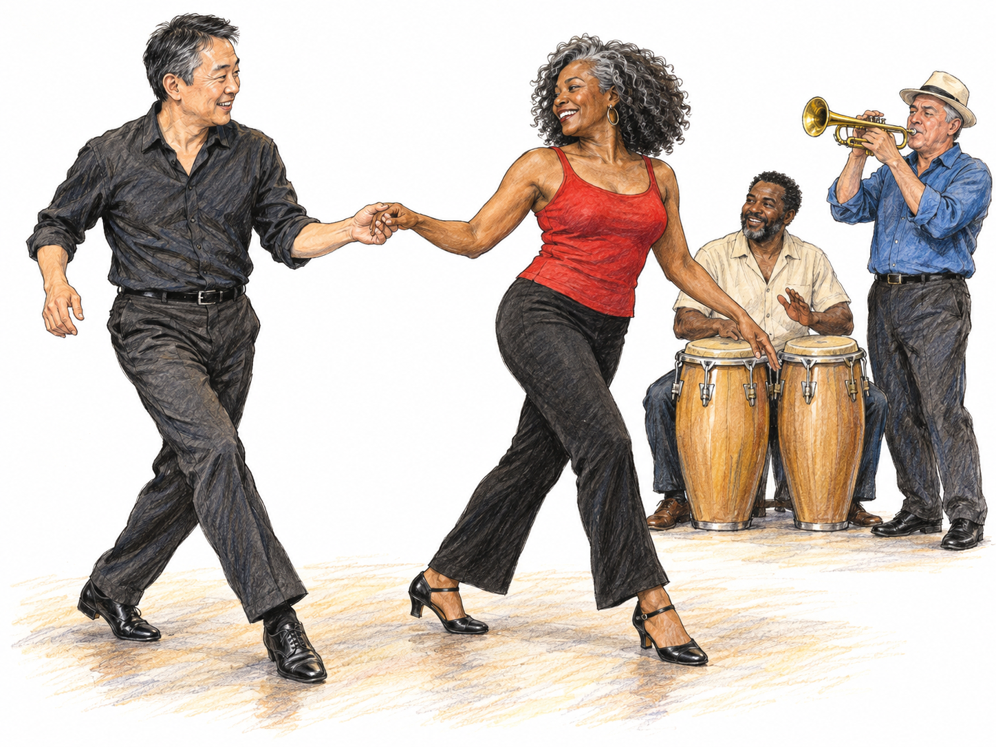 A lively mambo dance performance: partners execute a complementary forward-and-back break in open hold while conga percussion and an actively played trumpet reinforce the Cuban dance-music context.