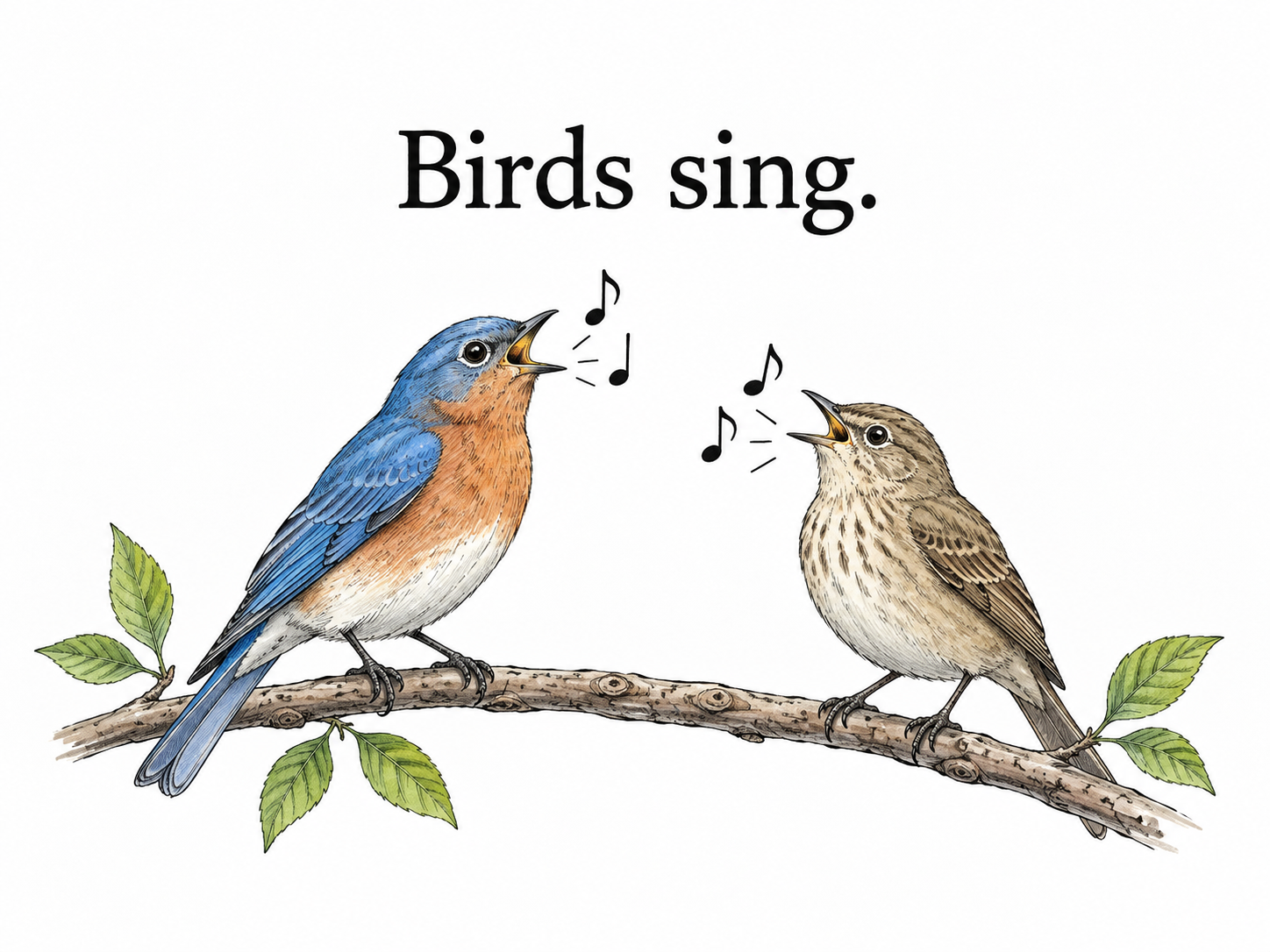 A clean grammar card shows only essential short clause “Birds sing.” with a small drawing of two birds, no definition, heading or explanatory text.