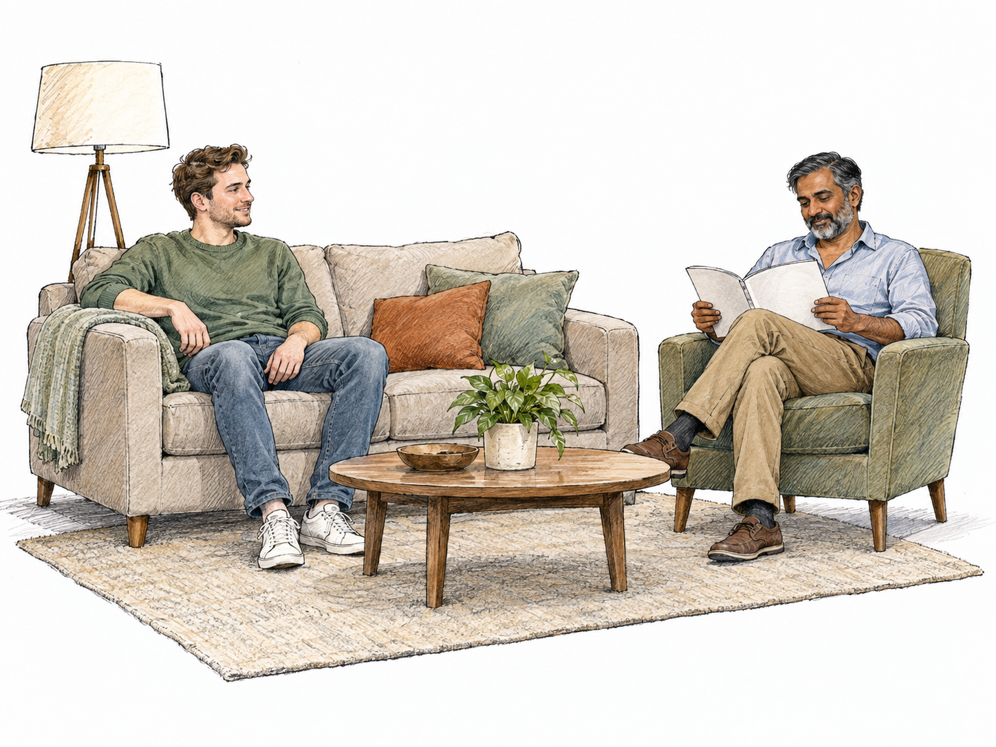 A compact shared lounge with a cushioned sofa and armchair grouped around a low table, occupied by two comfortably relaxed people.