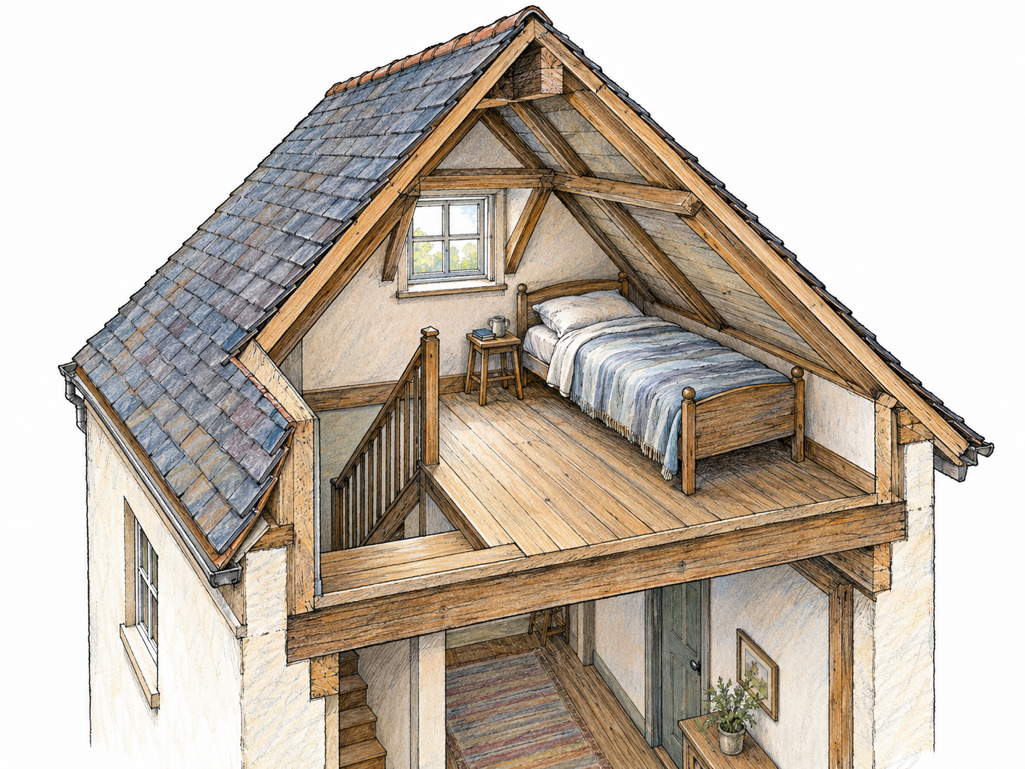 A compact architectural cutaway of a house’s uppermost story reveals a tiny furnished room directly beneath the pitched roof, with low sloping ceilings, a small bed, and a dormer window.
