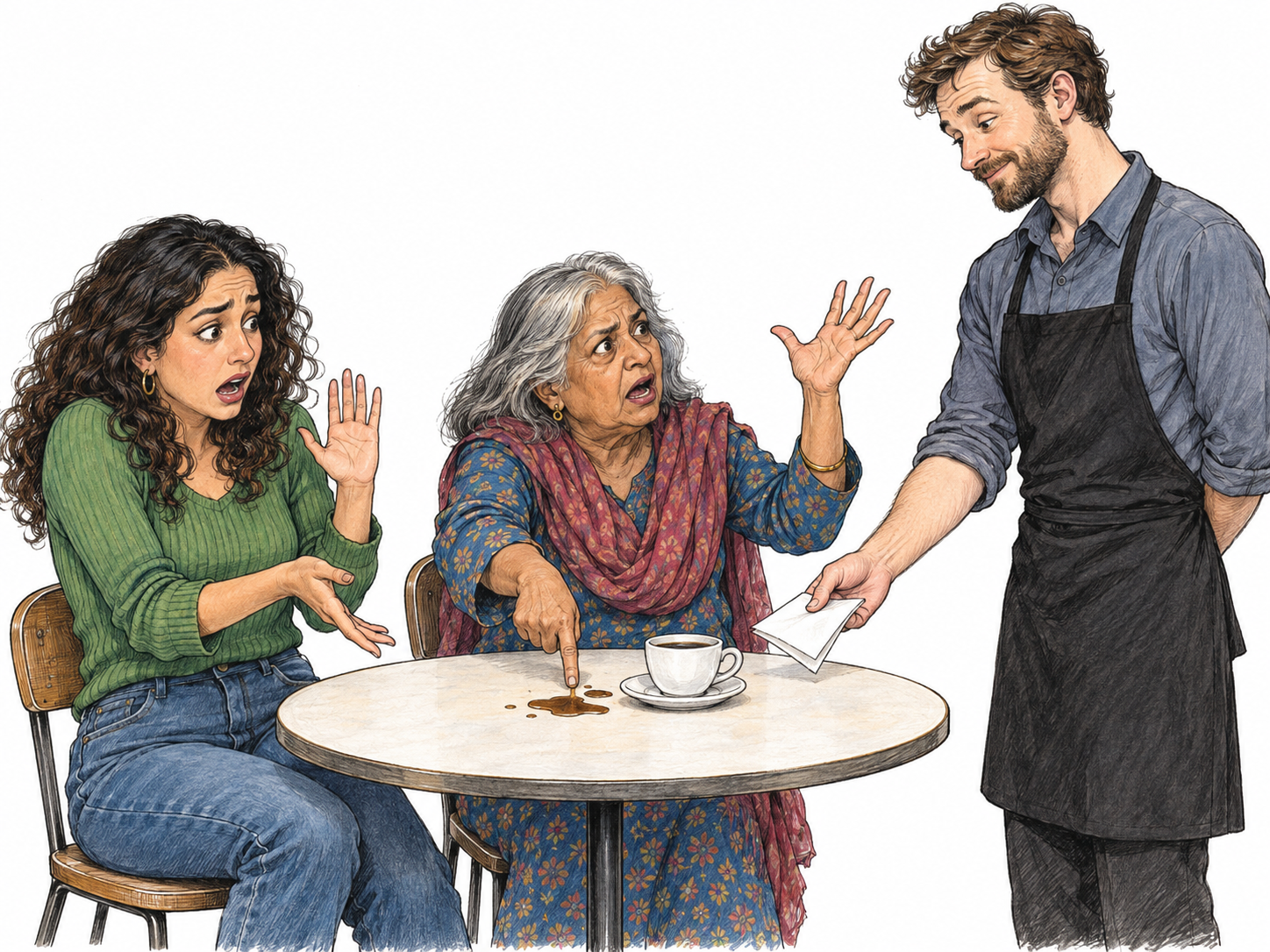 Two café customers make an exaggerated, visibly vocal fuss over a tiny coffee spill, while a server calmly offers a napkin.
