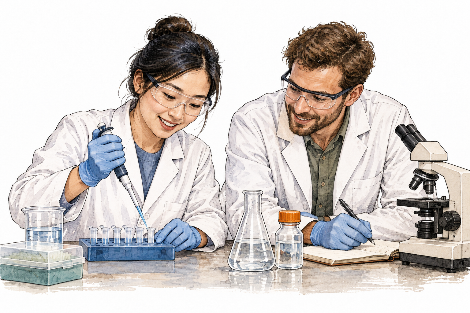 East Asian woman researcher works jointly with colleague at a shared experiment bench.