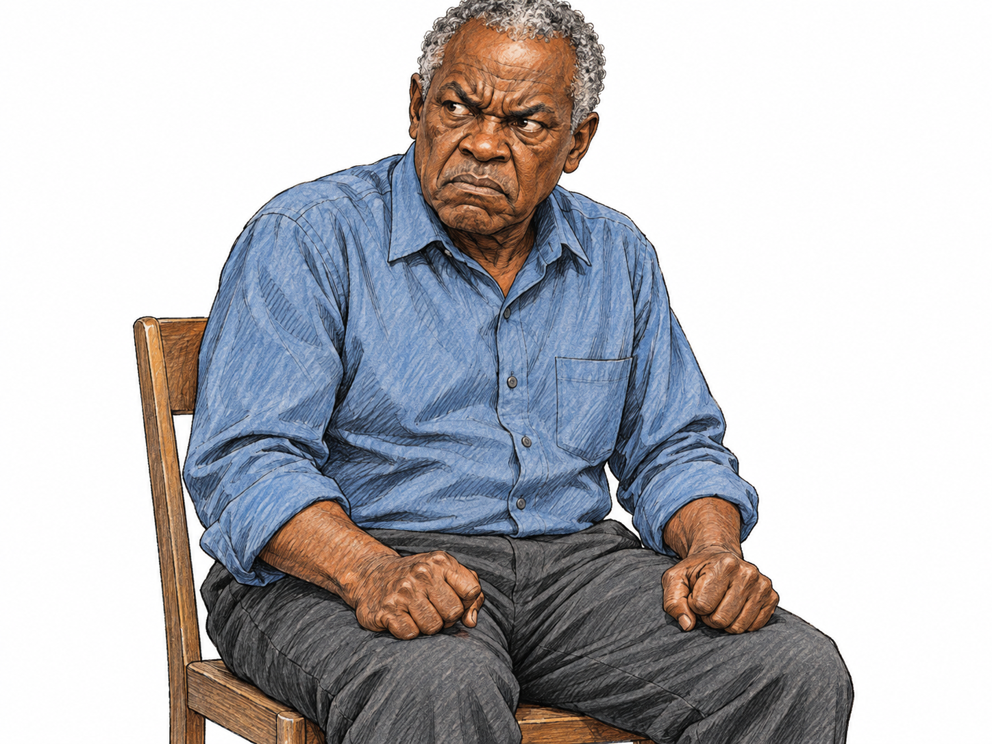 An older man visibly seethes in silence: deeply drawn brows, narrowed eyes, compressed lips, a rigid jaw, raised shoulders and tightly clenched hands held against his thighs.