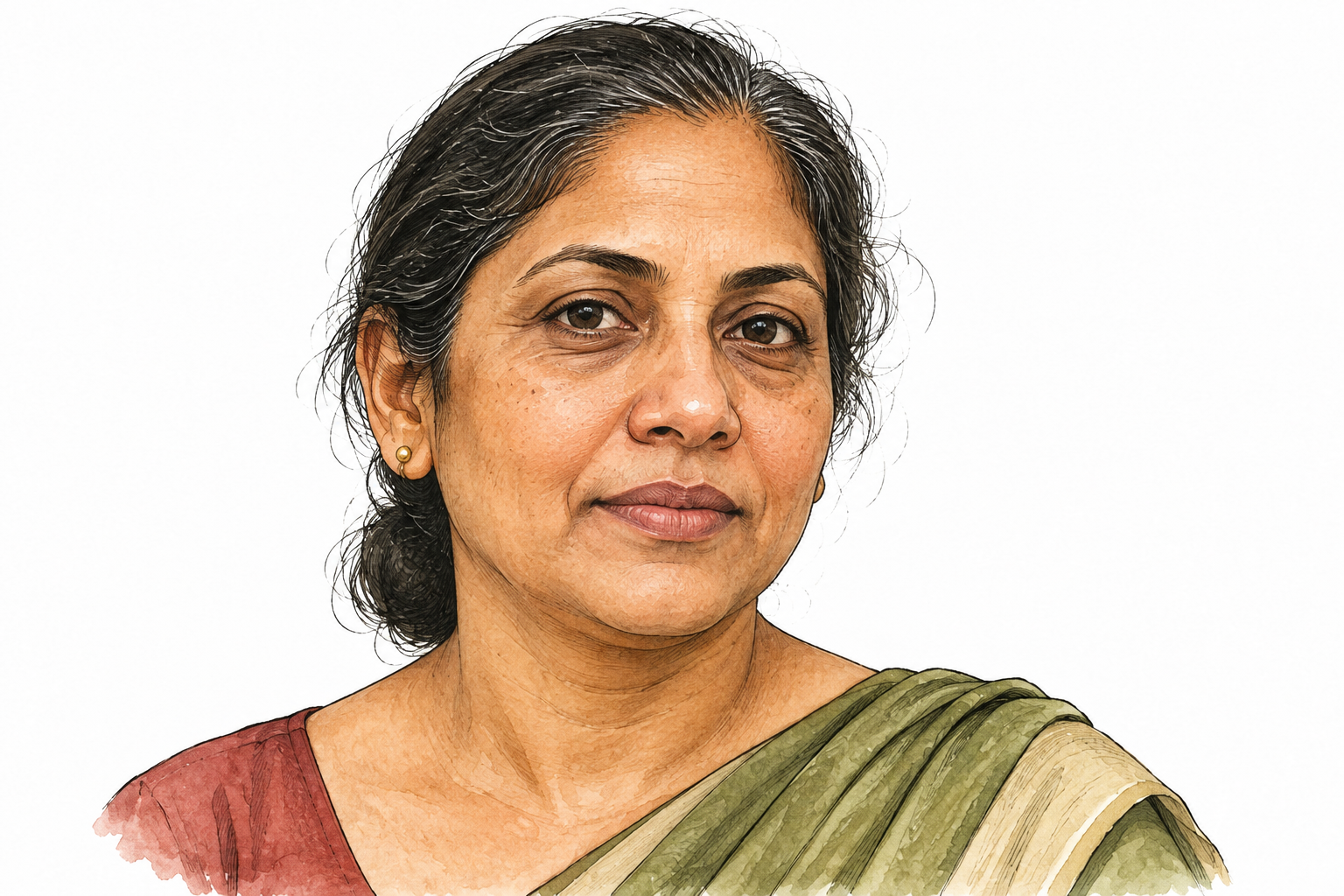 Close natural portrait of middle-aged South Asian woman, visible realistic warm skin tone and texture, neutral expression.
