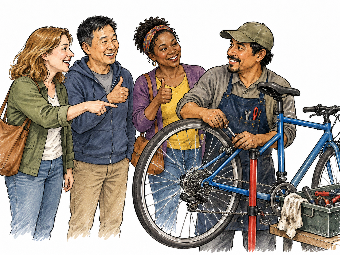 Several satisfied neighbors warmly recommend a skilled local bicycle repairer to a newcomer, pointing toward his careful work and nodding approvingly; collective opinion visible, no text.