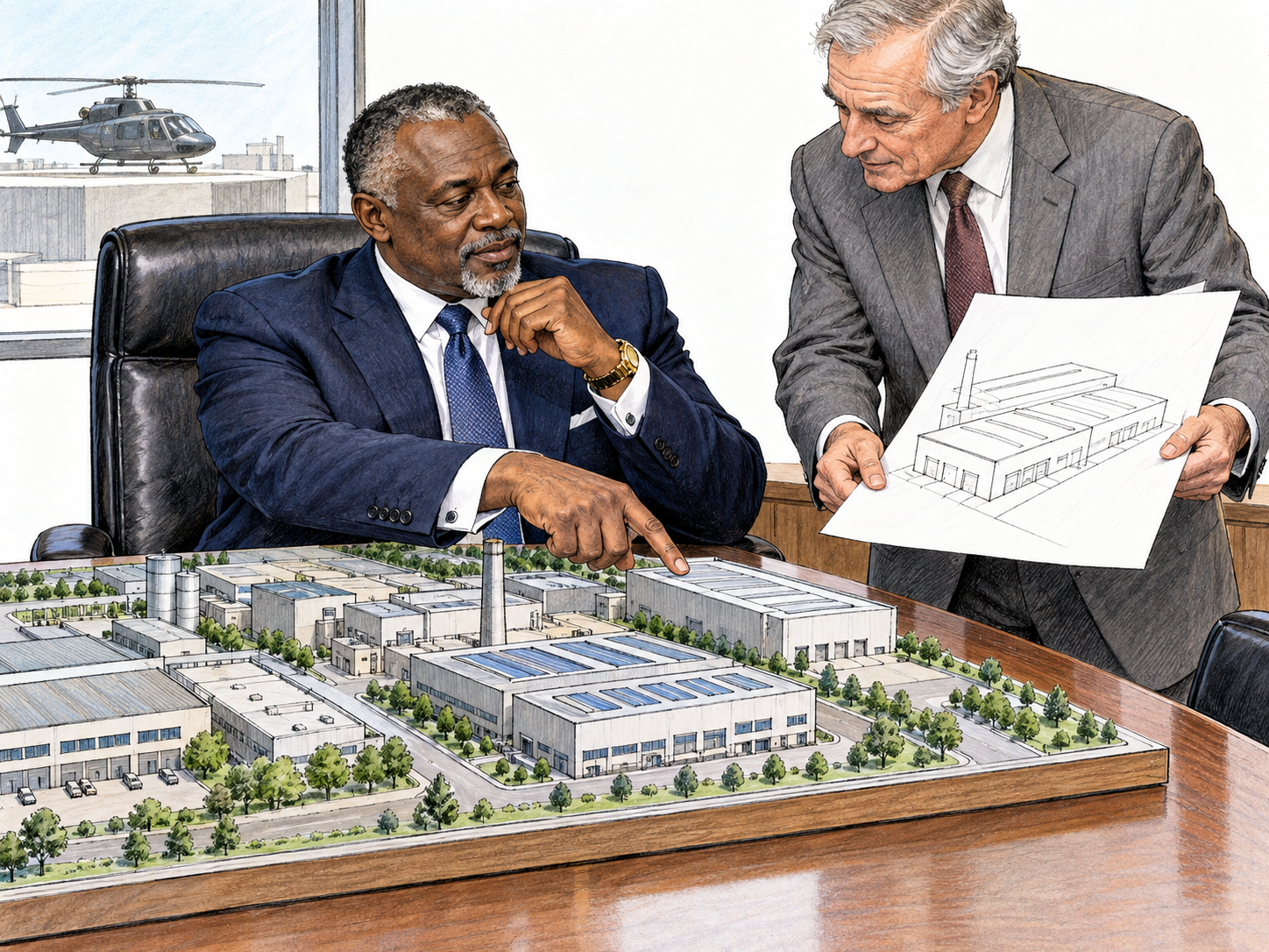A wealthy business magnate occupies the head of a boardroom table, confidently directing an industrial expansion while a senior executive presents plans.
