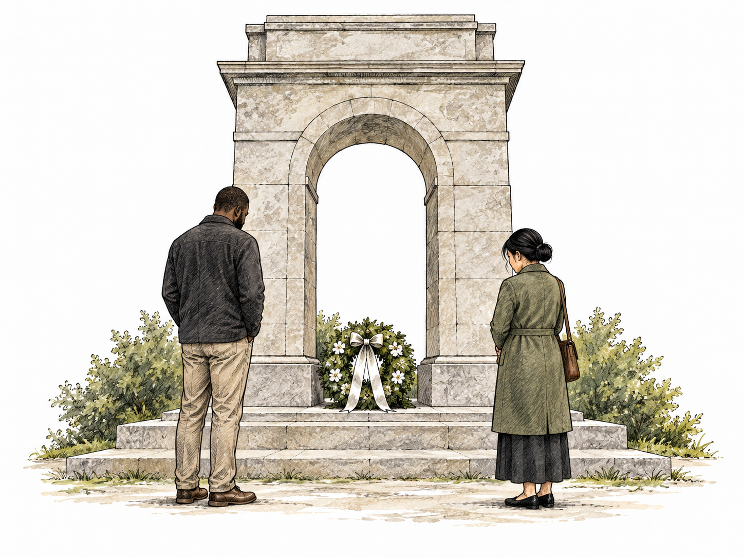 An enduring plain stone memorial arch with a wreath at its base and two quiet visitors, commemorative structure without inscription.