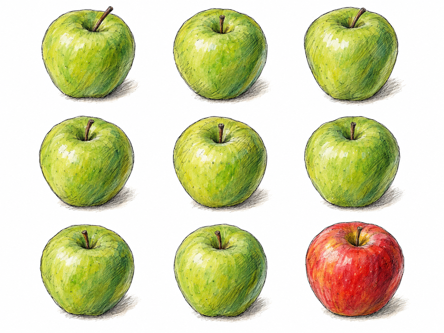 Nine clearly separated apples arranged in a three-by-three grid: eight green apples and one red apple in the bottom-right position, making the total and the eight-plus-one relationship easy to count.