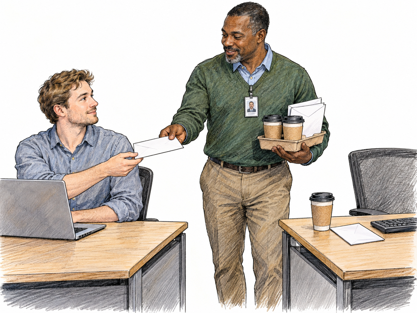 An identifiable office employee distributes fetched coffees and mail to coworkers at their desks, making several small workplace errands visible in one concrete action.