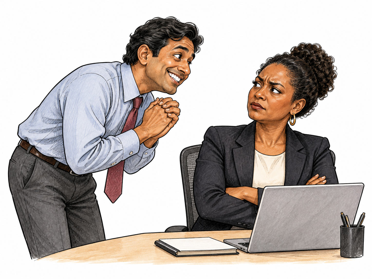 An obsequious employee leans toward a manager with an exaggerated ingratiating smile and clasped hands while manager looks skeptical; smug insincere flattery, no writing.
