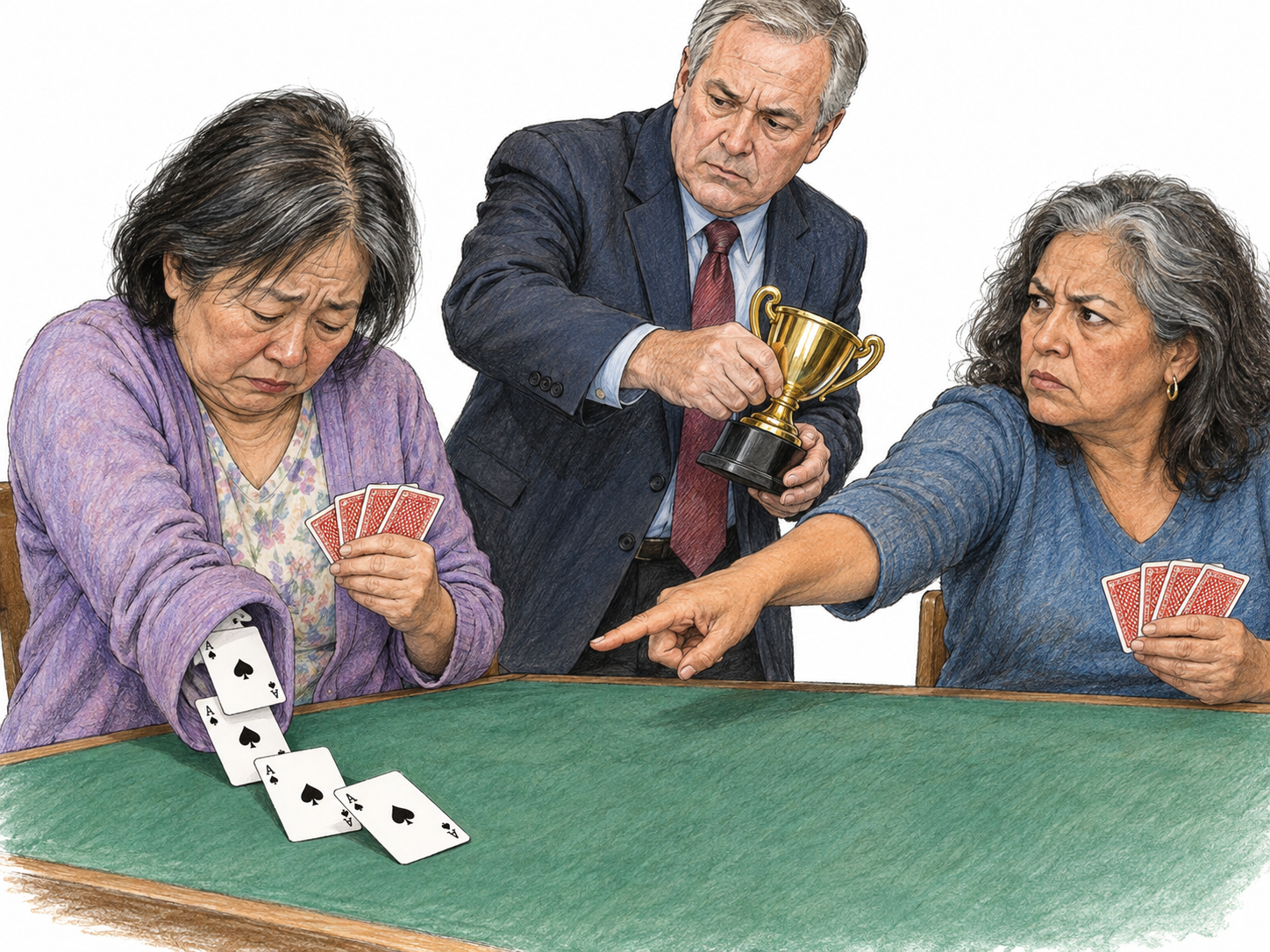 A card-tournament winner is publicly stripped of her trophy after being caught cheating: duplicate aces spill from her sleeve while her opponent exposes the deception and an official takes back the prize.