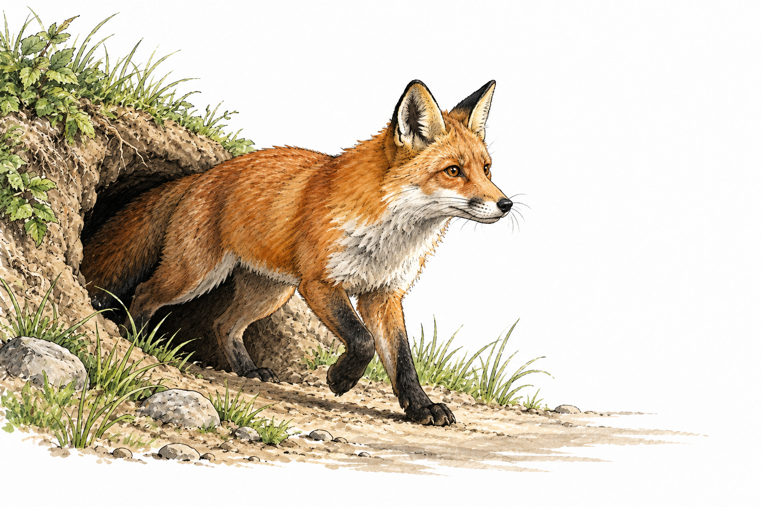 A fox emerges from its den entrance, body moving into daylight.