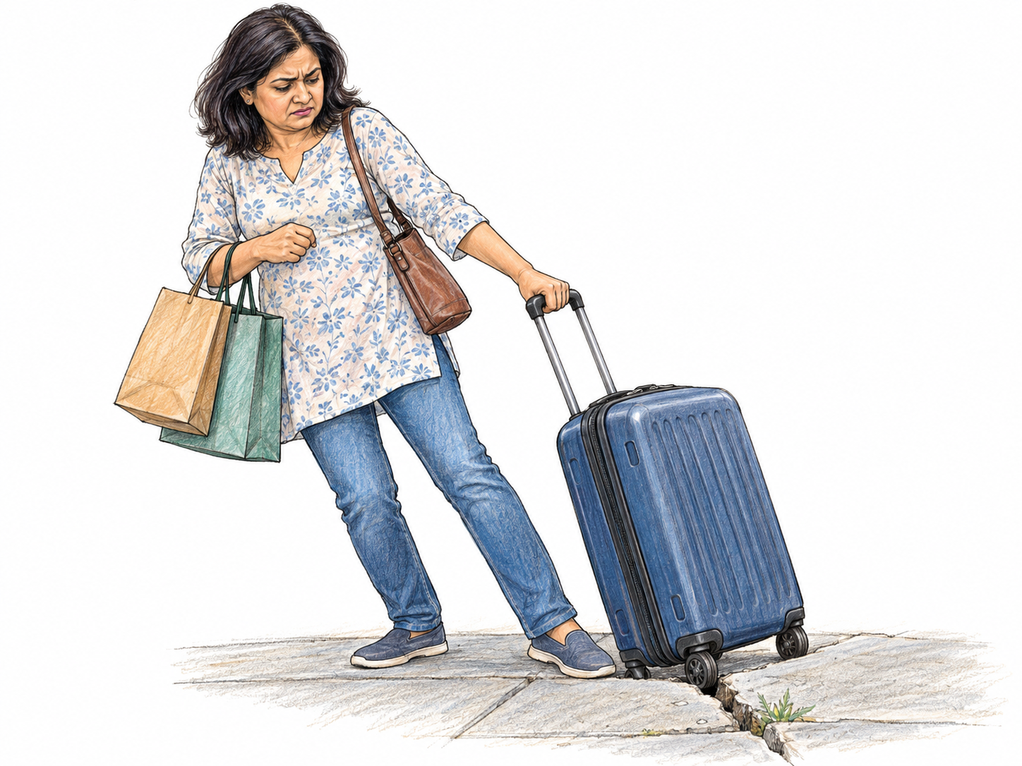 An irritated traveler struggles to free a suitcase wheel caught in a shallow pavement crack; her other bags slip down her arm.