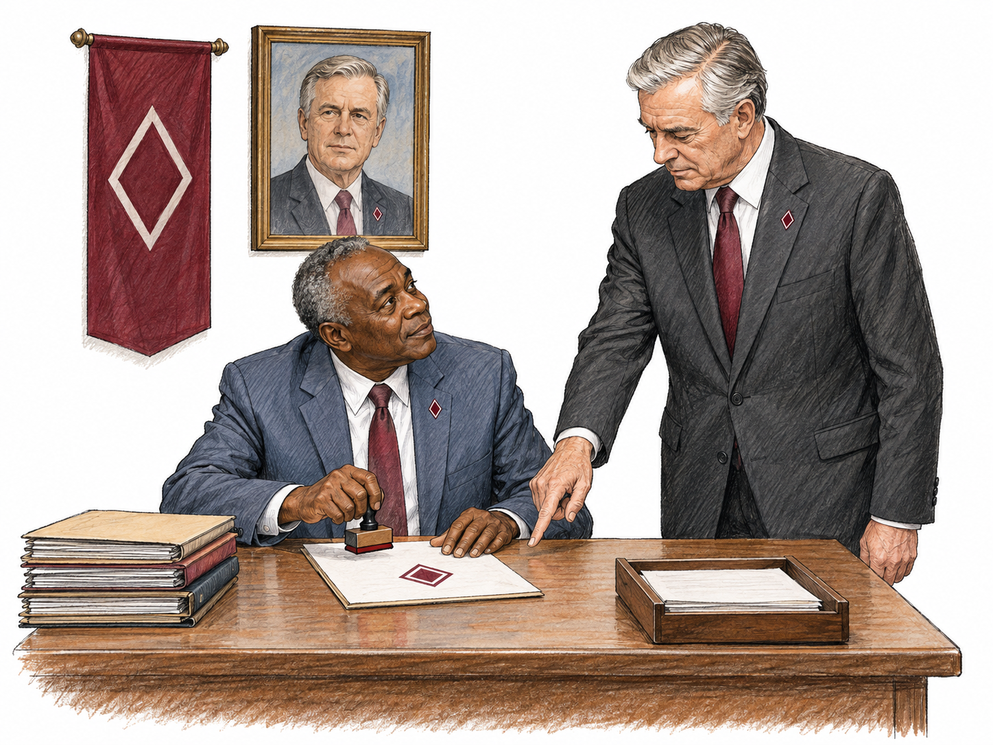 A loyal party functionary attentively implements a senior leader’s directive at a paperwork desk, surrounded by a restrained set of matching organizational cues.