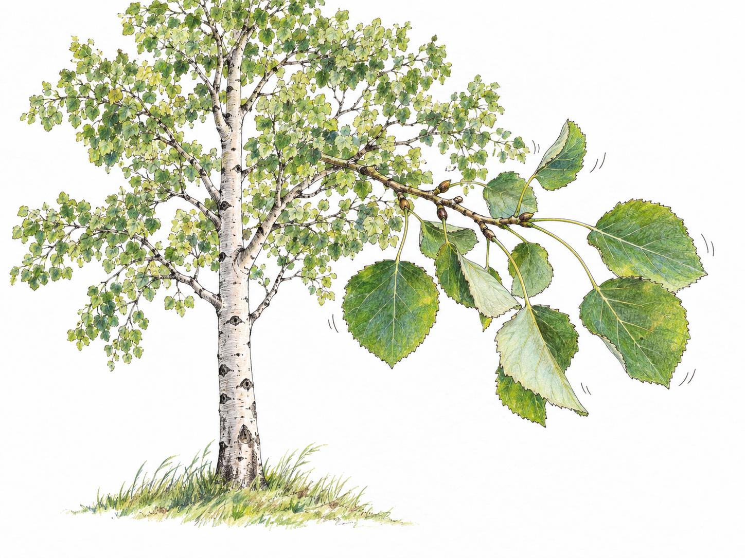 A recognizable aspen tree with pale, dark-scarred bark and rounded, finely toothed leaves; a foreground branch makes the long flattened leaf stalks and gently fluttering leaves clearly visible.
