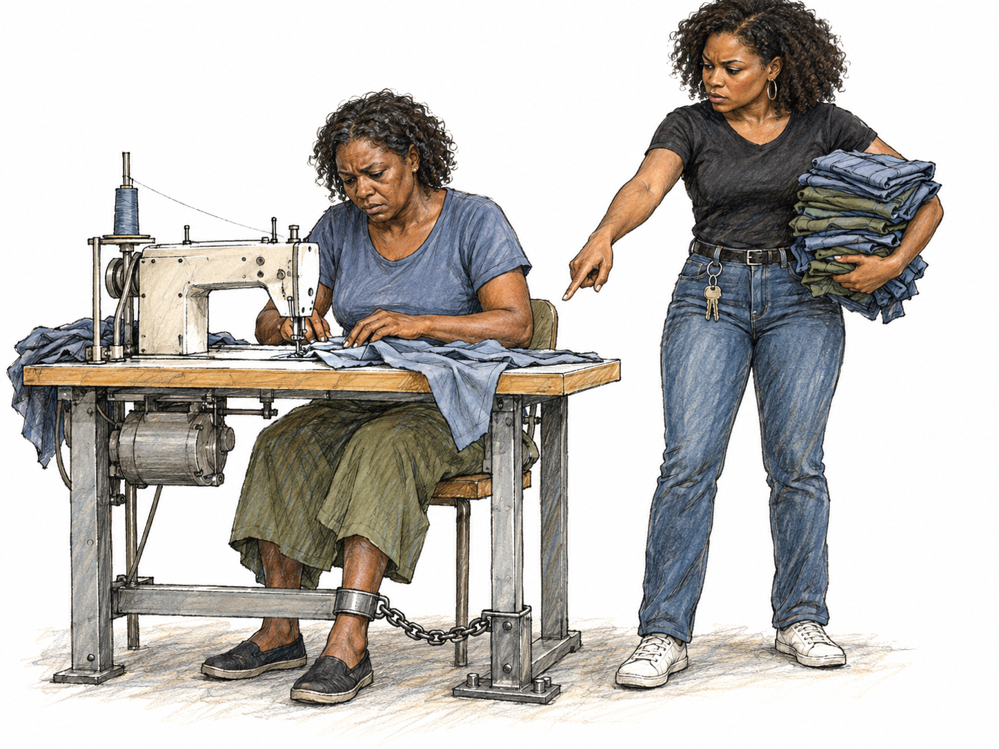A woman compelled to sew garments in a small workshop, visibly shackled to her workbench while another woman takes the finished garments and directs her back to work.
