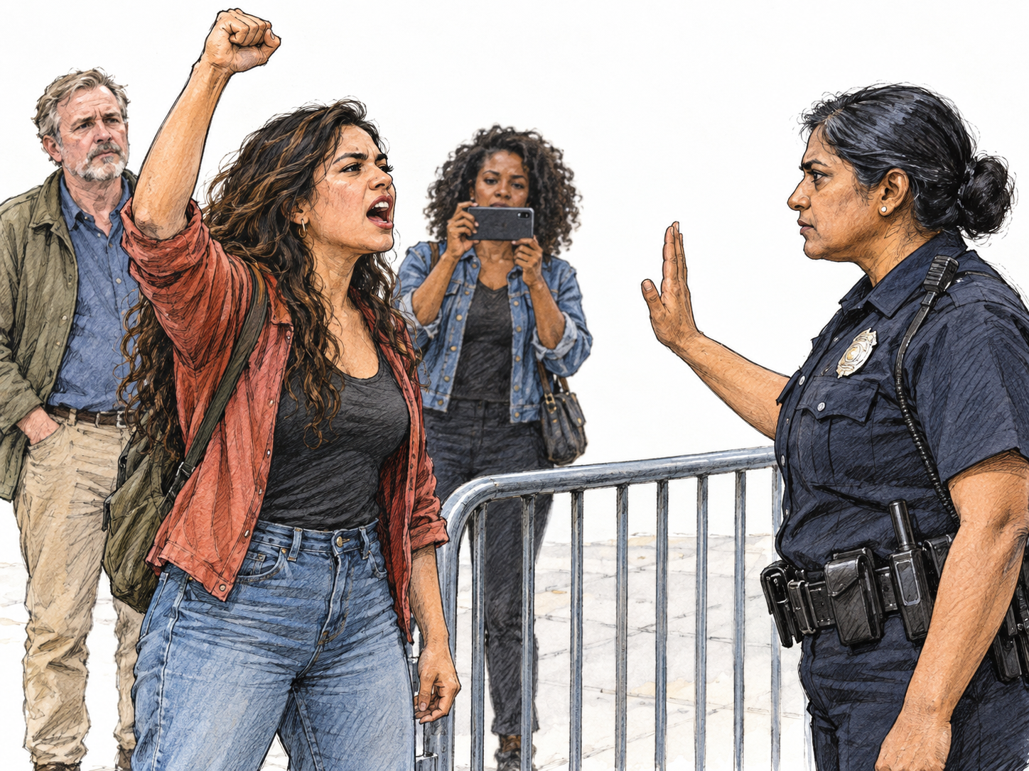 A lone woman openly protests a police barricade in public, raising a defiant fist toward the officer blocking access while two bystanders watch.