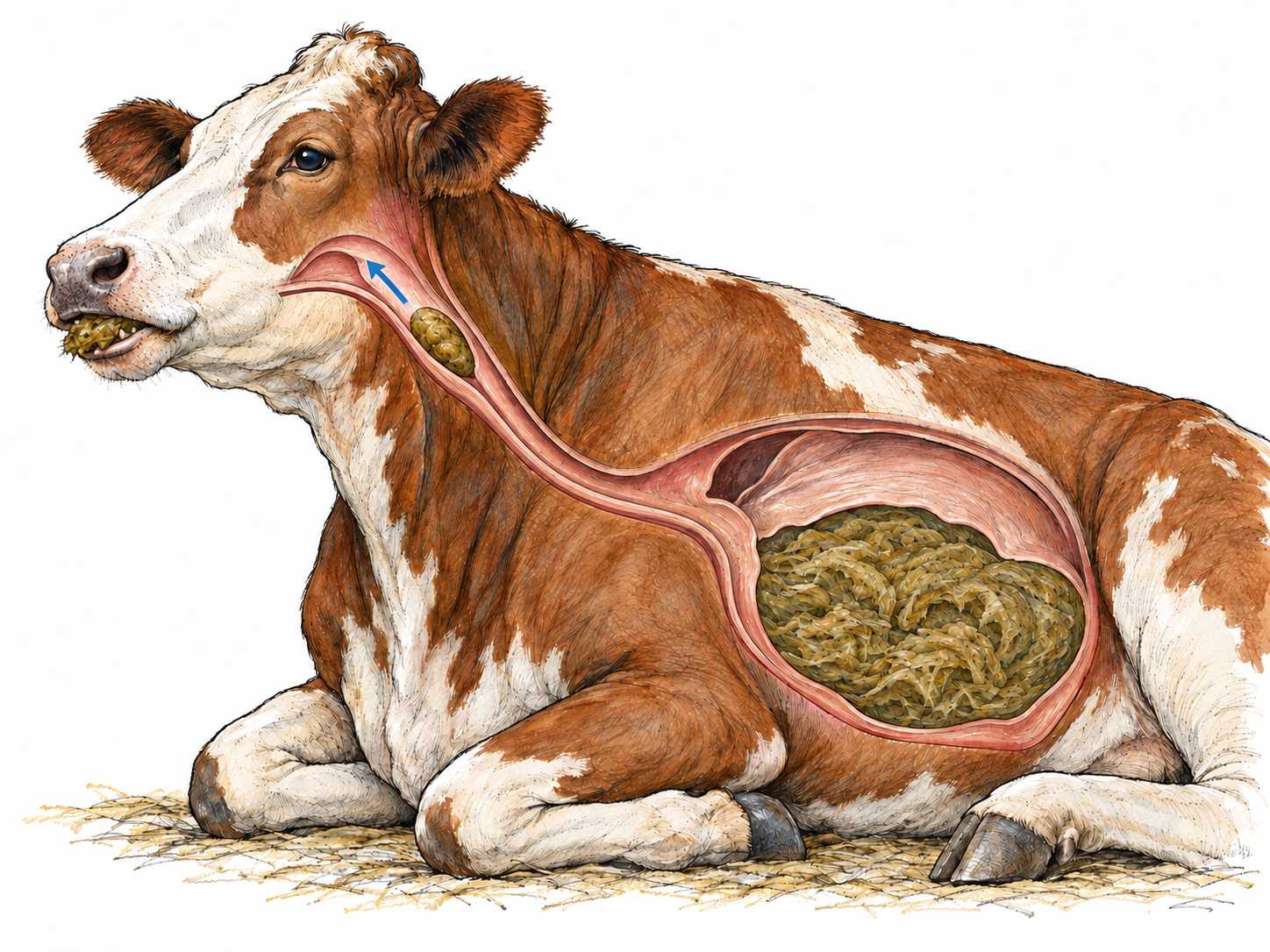 A resting cow chewing a moist fibrous bolus, with a restrained anatomical cutaway showing partly digested plant material returning from the rumen through the esophagus to the mouth.
