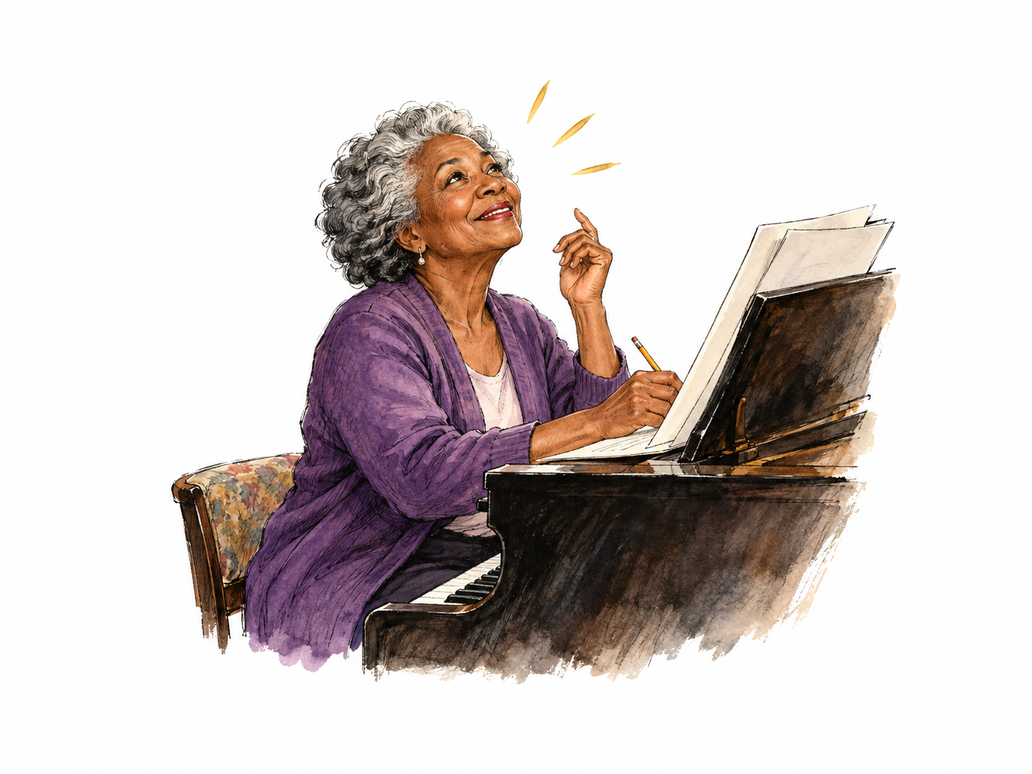 Composer suddenly brightens and begins writing music at a piano; no visible writing, page angled away, expressive hand and face.